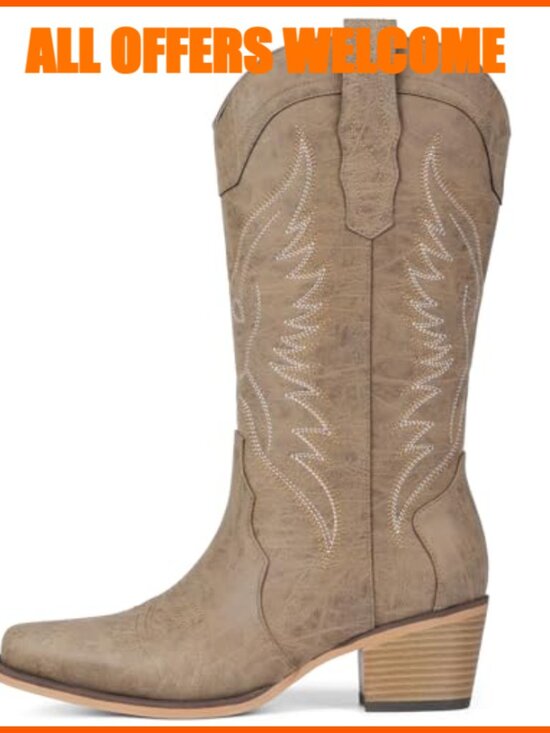 Western Cowboy Boots with Chunky Heel, Snip Toe, Faux Leather - Picture 4 of 7